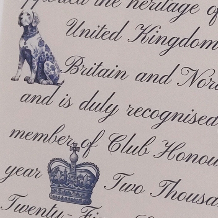 Decorative text with a dog illustration and royal crown on a beige background